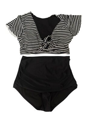 Cocoship Black White Striped Bikini Set Size 10 | High Waisted Retro Swim